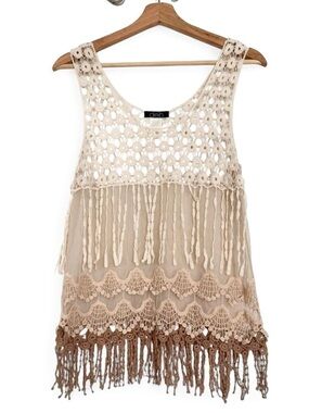 Cream Nude Knit Boho Tank Sleeveless Loose Fit Vintage Embroidered Large Deb